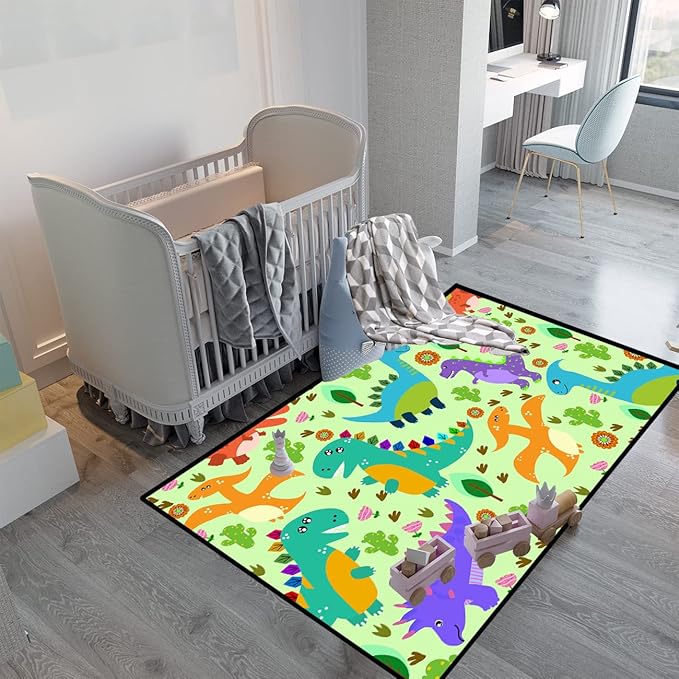 Dinosaur Carpet for Boys Room Dinosaur Play Rug Kids Rug Cartoon Dinosaur Carpet Dino Rug Dinosaur Area Rug for Bedroom Livingroom Playing Room,Green 4'×5'