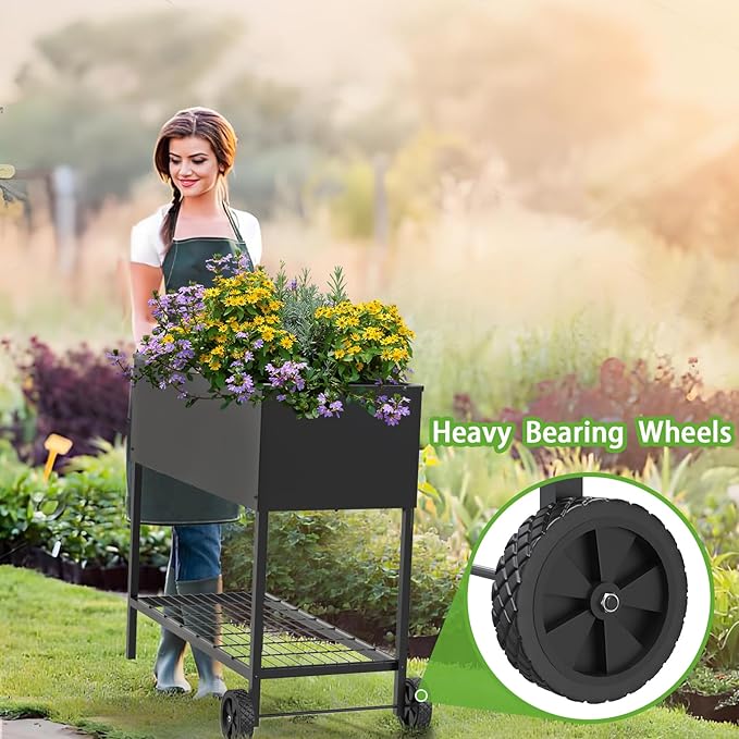 34 × 15 × 31 Inches Raised Garden Bed with Legs/Storage Shelf, Mobile Planter Box for Outdoor Plants, Elevated Garden Bed for Backyard, Balcony, Black