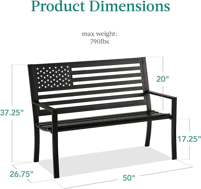 Best Choice Products Outdoor Bench 2-Person Steel Indoor/Outdoor Bench for Garden, Patio, Porch, Entryway w/American Flag, 790lb Capacity – Black