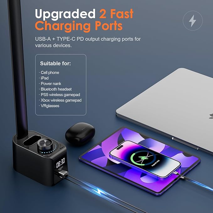 Desk Lamp for College Dorm Room,55 Lighting Modes Dorm Lamp for Dorm Desk Lamp,700 Lumen LED Desk Lamp with USB Charging Port,Desk Light with Clock+Pen Holder,Desk Lamps for Home Office Lamp for Desk