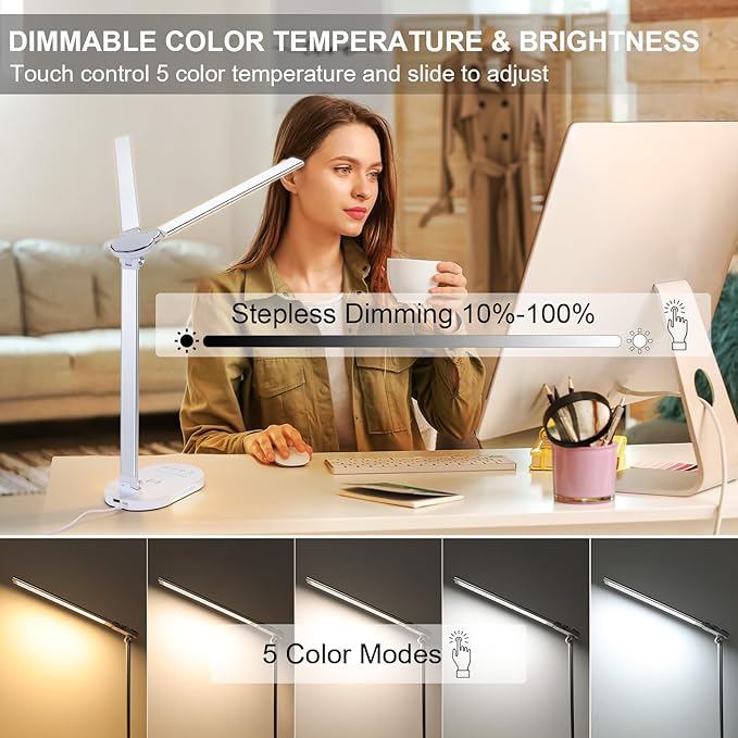 Lightess LED Desk Lamp with Wireless Charger, USB Charging Port - Dual Swing Arm Dimmable LED Desk Light with Night Light, Foldable Desk Lamp, Touch Control Table Lamp for College Dorm Room Bedroom