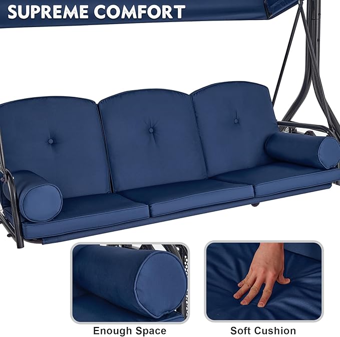 HOMREST 3 Seat Outdoor Porch Swing with Adjustable Canopy, Convertible Patio Swing Bed with Stand, Patio Glider Swing with Upgraded Cup Holder, Thicken Cushions & Pillow for Backyard (Blue)