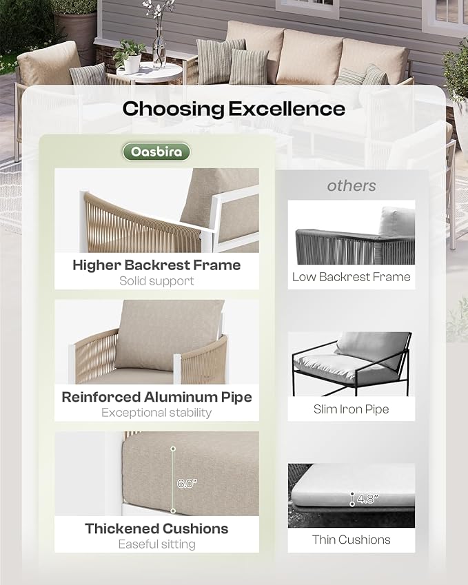 Aluminum Outdoor Patio Couch, 3 Seats HDPE Rope Patio Sofa with Washable Thick Cushion, All-Weather Patio Furniture for Balcony, Yard, White Frame, Ivory