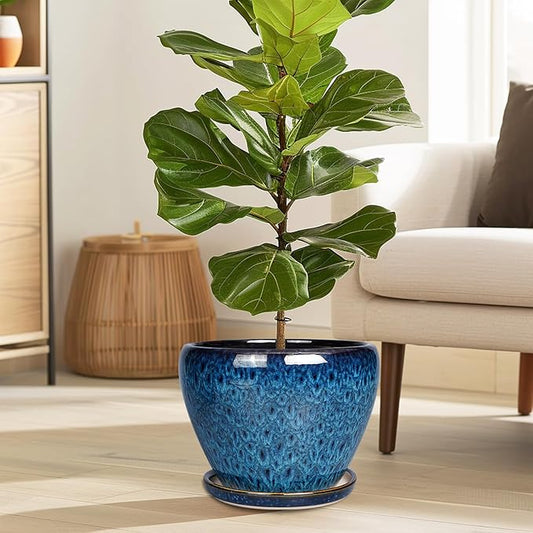 10 Inch Ceramic Planter Pot, Ceramic Plant Pot for Indoor Outdoor Plants, Large Flower Pot with Drainage Hole and Saucer, Blue