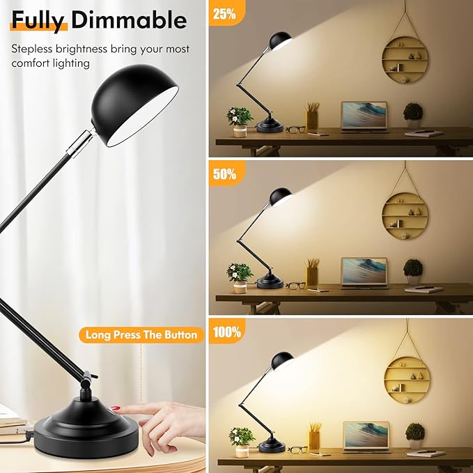 Touch Control LED Desk Lamp with USB Charging Port, Architect Black Metal Lamp with Adjustable Swing Arm, Dimmable Modern Table Lamp for Home Office Reading Study, 3000K/4000K/5000K 3 Color Modes