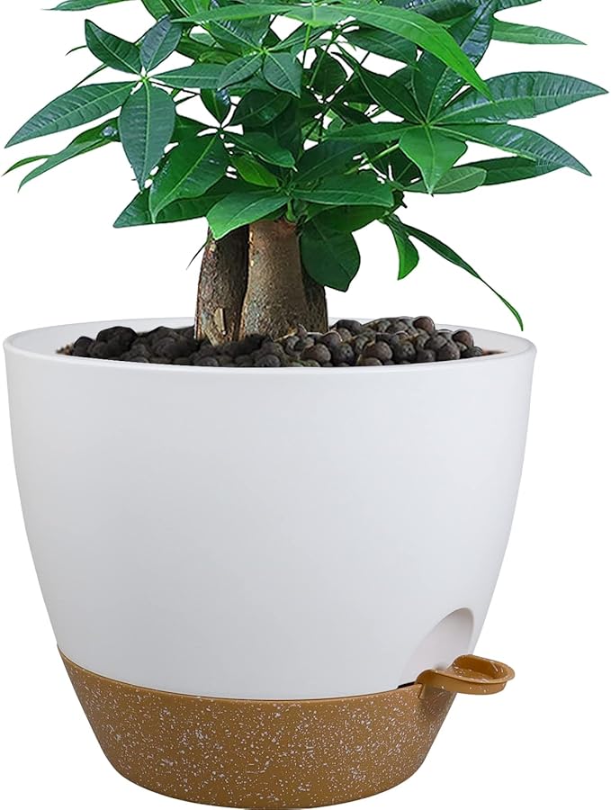 12 inch Large Self Watering Pots, Plastic Planters with 60oZ Removable Deep Reservoir and Multi Mesh Drainage Holes for Indoor Outdoor Garden Plants and Flowers, White with Brown