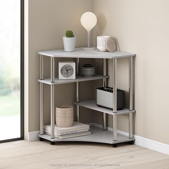 Furinno Turn-N-Tube Multipurpose Corner Shelf, Display Rack, Bookshelf, White Oak, Stainless Steel Tubes