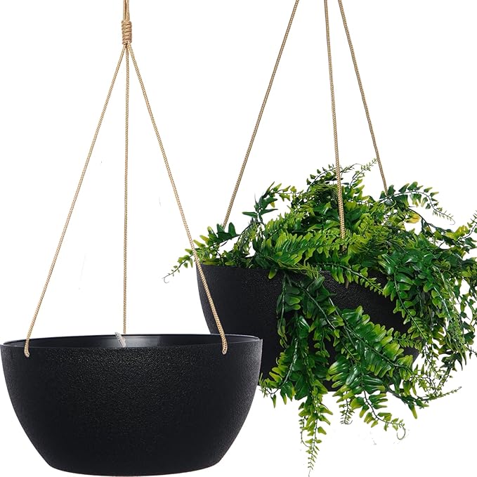13 Inch 2 Pack Large Hanging Planters for Indoor Outdoor Plants, Plastic Hanging Basket Pots for House Plants Flowers, Black