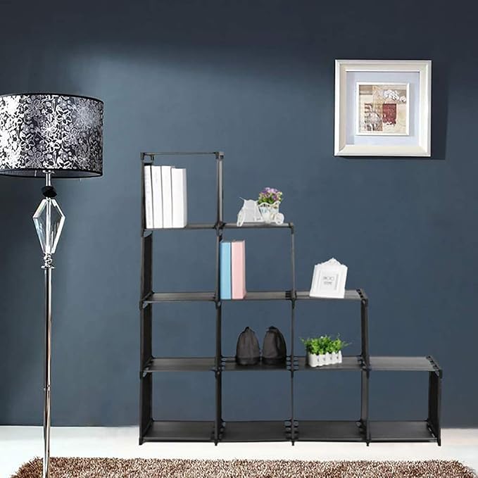 10-Cube Storage Organizer Rack, Staircase Organizer Modular Bookcase, DIY Storage Organizer Closet Shelf, Bookcase in Living Room, Bedroom for Toys and Daily Necessities, Black