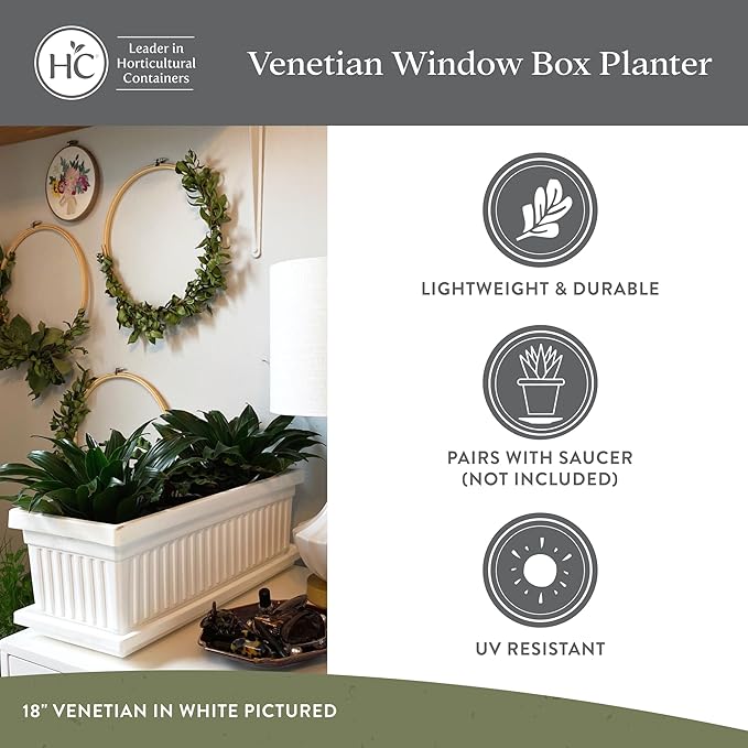 The HC Companies Venetian Window Planter Box w/Drain Plug - Long Planter Box for Windowsills, Balconies & More - Plastic Rectangular Outdoor Planters for Herbs & Flowers (18" Warm Gray, Pack of 1)