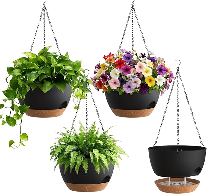 4 Pack 8 Inch Self Watering Hanging Planters for Indoor Outdoor Plants,Hanging Pots for Plants with Drainage Removable Tray, Hanging Baskets Flower Pots for Pothos Spider Garden Black with Brown