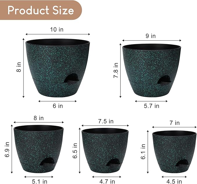Plant Pots 10/9/8/7.5/7 inch, Self Watering Planters with Drainage Holes & Saucers for Indoor and Outdoor Plants (Green Speckles)