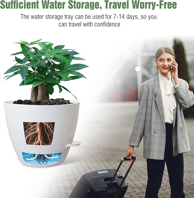 12inch Self Watering Pots, Plastic Planters with Mesh Drainage Holes and Deep Reservoir for Indoor Outdoor Garden Plants and Flowers, White