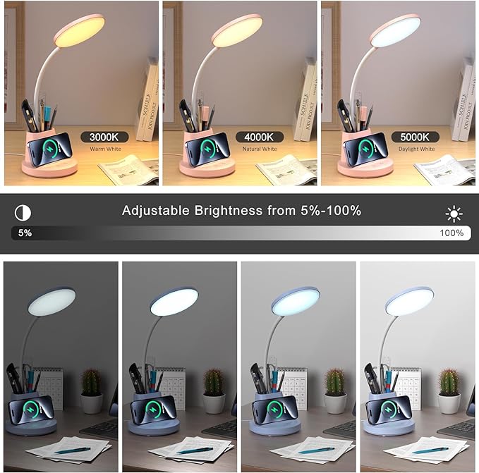 comzler LED Desk Lamp with Wireless Charger Pen Phone Holder, Blue Desk Lamp for Home Office, Dimmable Desk Light 3 Color Modes, College Dorm Study Lamp for College Dorm, CRI 90 800 Lumen
