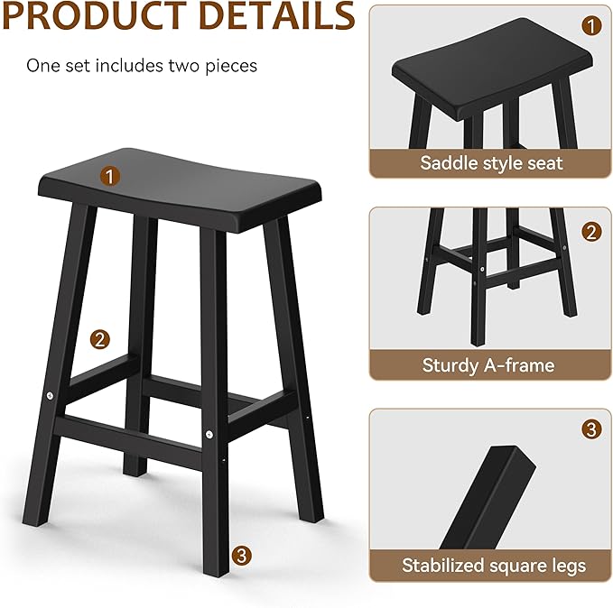 Outdoor Bar Stools Set of 2, Modern Durable Resin Bar Chairs with Footrest, All-Weather Barstools for Patio, Balcony, or Kitchen Counter(24'')