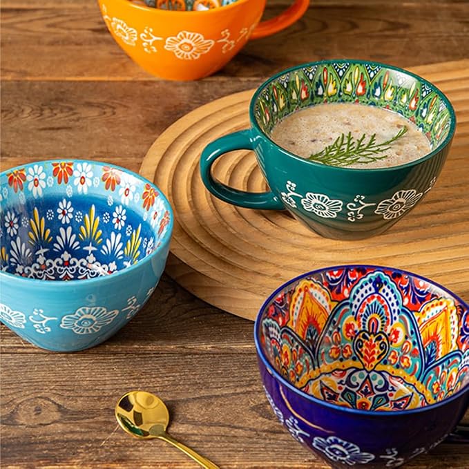 Bohemian Hand-Painted Ceramic Mug, 15 Oz Large Coffee Cup for Milk, Tea, and Breakfast, Dishwasher & Microwave Safe Artisan Cup, Navy Blue