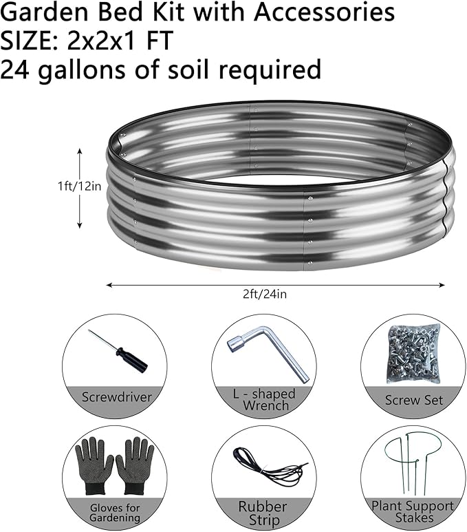 Galvanized Metal Planter Raised Garden Bed Kit for Gardening Outdoor 2x2x1ft Round Galvanized Steel Fire Pit,Steel Fire Pit Silver for Backyard, Camping, Bonfire