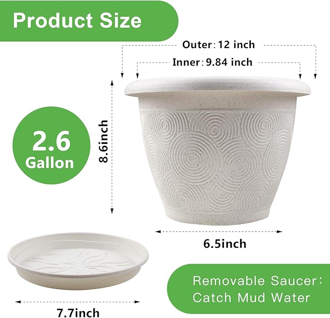 Plastic Flower Pots Planters for Indoor Plants, 4 Pack 12 Inch White Plant Pots with Drainage Hole & Tray, Modern Decorative Large Plant Pot with Saucer for Indoor Outdoor Plants Garden House Planter