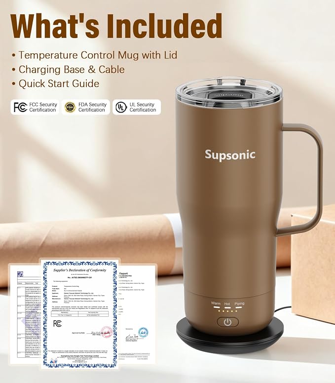 Supsonic Heated Coffee Mug Rechargeable, 20oz Long-Lasting Battery (S3) | Dry-burn protection, 2Hr auto-off, 3-Temp settings, Constant temperature, Inner stainless steel, Warm gift for men women
