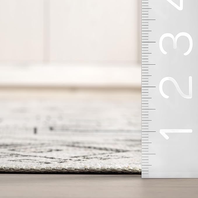 nuLOOM Malena Tribal Bordered Machine Washable Ultra Thin Runner Rug, 2' 6" x 8', Light Grey