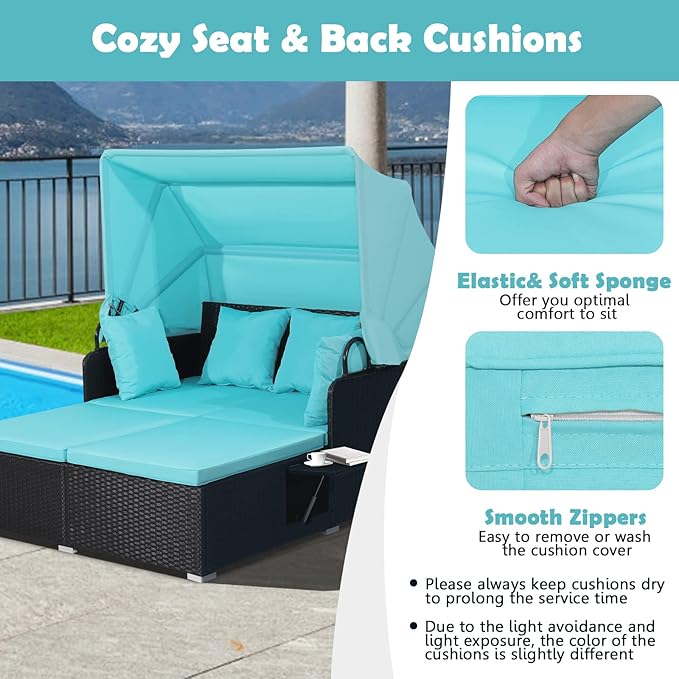 Salches Outdoor Daybed, Patio Daybed with Retractable Canopy, High-Resilient Soft Cushions, Foldable Side Trays, Outdoor Bed Loveseat for Garden, Backyard, Porch (Turquoise)