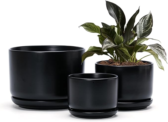 Ton Sin Plant Pots, 4.1+5.1+6.5 inch, Set of 3, Ceramic Planters with Drainage Hole and Saucer, Indoor Flower Pot Gifts for Mom(Matte Black)