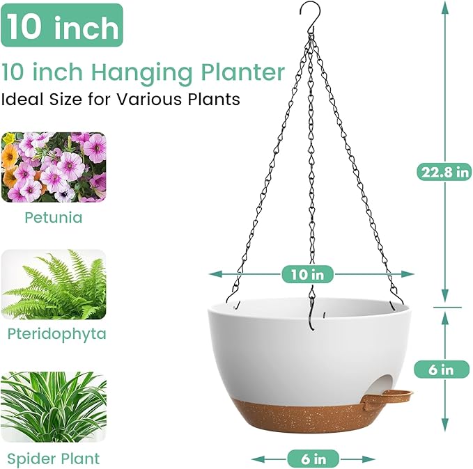 Set of 3-10 Inch Self Watering Hanging Planters for Indoor Outdoor,Hanging Plant Pots with Drainage & Removable Tray, Hanging Pots Holder for Pothos Plant, Ferns, Balcony & Patio,White with Brown