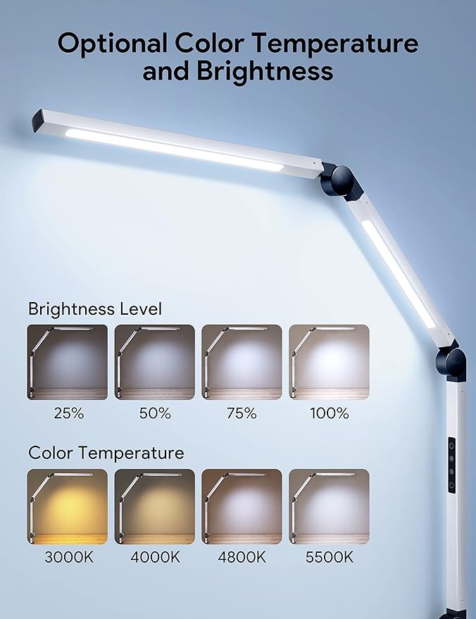 MediAcous LED Desk Lamp with Clamp, Dual Light Desk Lamp with Swing Arm, Dimmable 4 Color Modes & 4 Brightness Table Lamp, Eye-Caring Clip-on Lamp with Memory Function for Home Office, White