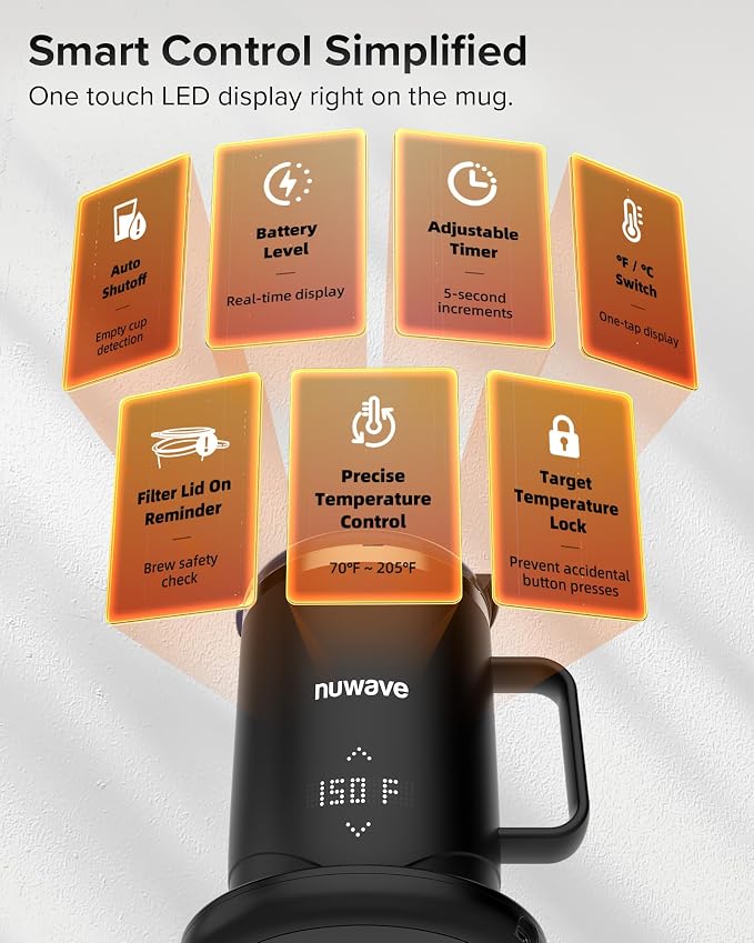 Nuwave Self-Heating Coffee Mug with Charging Base, 16oz, 45201BV02 | Heated Coffee Cup, 5Hr Cordless Runtime, LED Touch Controls, Adjustable Brew Settings, Includes Stainless Steel Filter