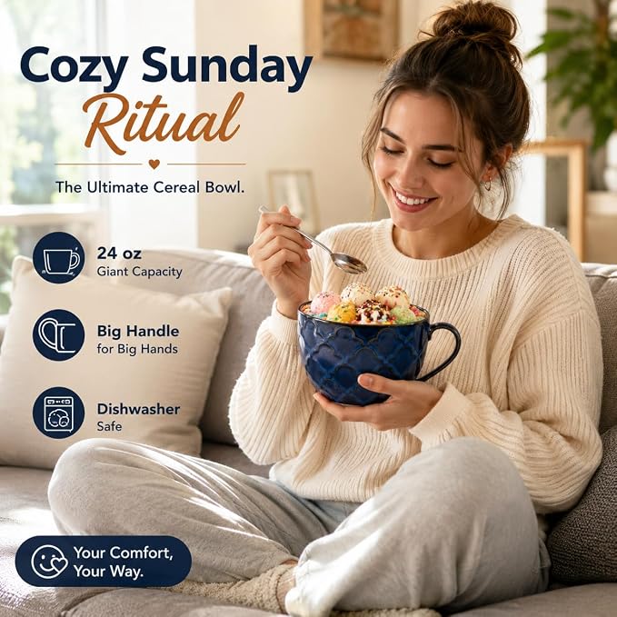 24 oz Large Coffee Mug, Ceramic Coffee Mugs with Handles, Soup Bowl, Blue | Big Coffee Mug for Hot Chocolate, Cappuccino, Soup, Oatmeal, Ramen, Microwave & Dishwasher Safe, Coffee Cups Large Soup Bowl
