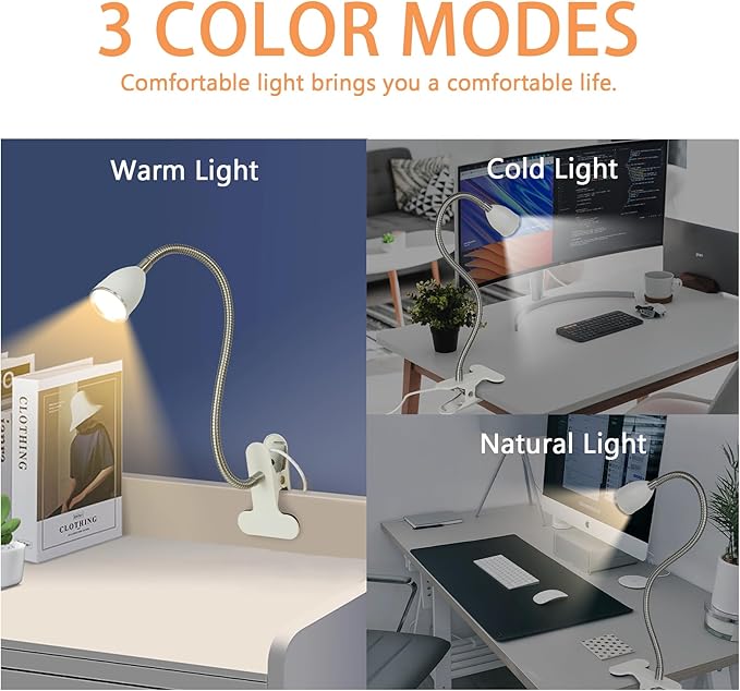 Desk lamp Eye-Caring Table Lamps, 360°Rotation Gooseneck Clip on Lamp Reading Light, Portable Reading Book Light, Clamp Light, Study Desk Lamps for Bedroom and Office Home Lighting (White-C01)