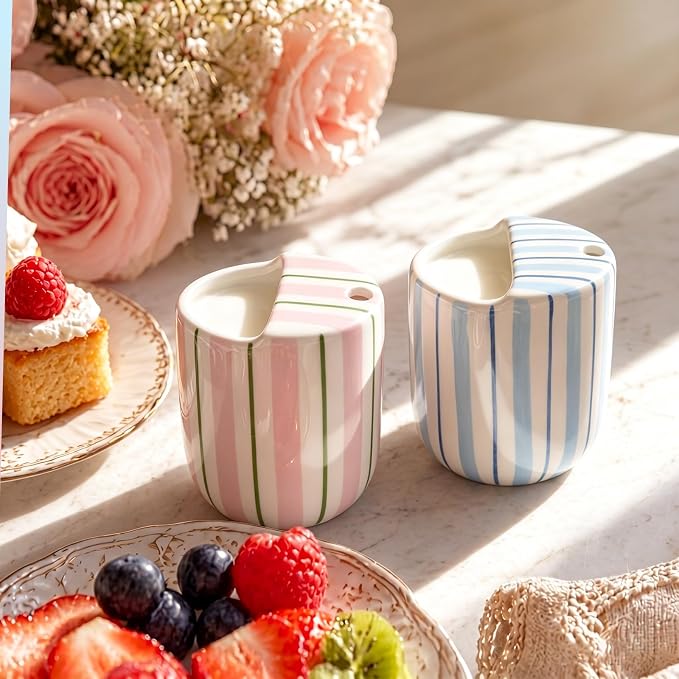 2 Pack Ceramic Mug with Sip Hole 10 oz Stripes Pattern Espresso Cup Coffee Mug Hand Painted Ceramic Cup Pink and Blue Heat Resistant Non Slip with Built in One Lid Handcraft Gift