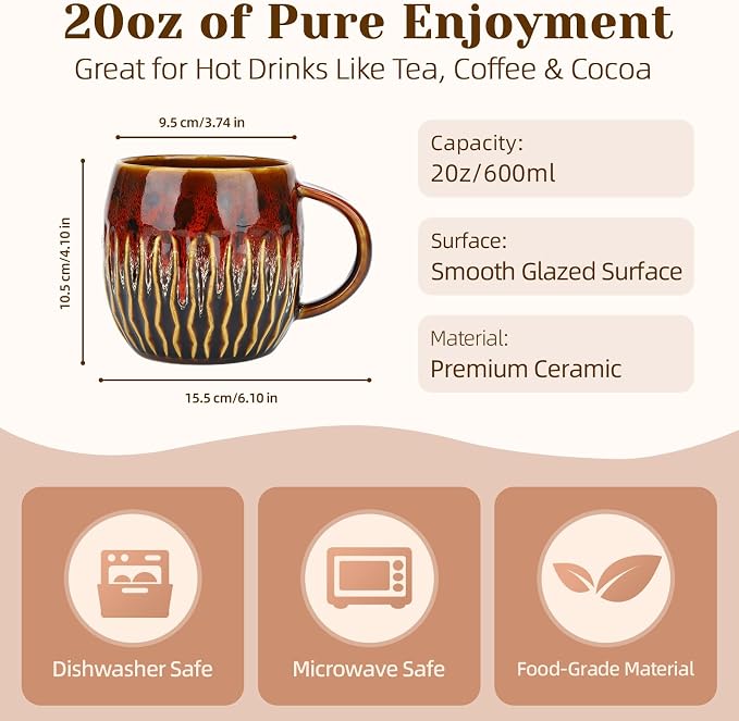 20oz Large Ceramic Coffee Mugs Unique Big Pottery Coffee Mug Microwave Safe Cool Stoneware Cups for Tea Latte Oversized Mug With Handle for Home Red Wide Clay Mugs for Men Fancy Handmade Ceramic Cup