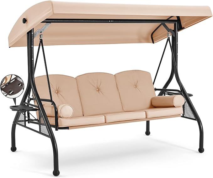 HOMREST 3 Seat Outdoor Porch Swing with Adjustable Canopy, Convertible Patio Swing Bed with Stand, Patio Glider Swing with Upgraded Cup Holder, Thicken Cushions & Pillow for Backyard(Khaki)