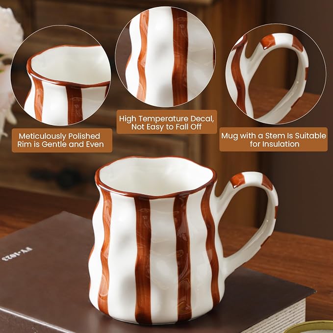 Ceramic Coffee Mugs Set of 2,Ceramic Mugs(Striped),Cute Mugs For Women,14 oz Large Coffee Mugs, Dishwasher Microwave Safe