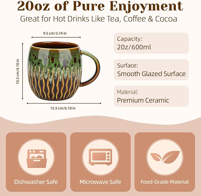 20oz Large Ceramic Coffee Mugs Unique Big Pottery Coffee Mug Microwave Safe Cool Stoneware Cups for Tea Latte Oversized Mug With Handle for Home Green Wide Clay Mugs for Men Fancy Handmade Ceramic Cup