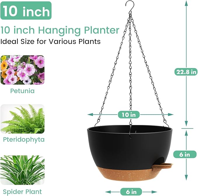 Set of 3-10 Inch Self Watering Hanging Planters for Indoor Outdoor,Hanging Plant Pots with Drainage & Removable Tray, Hanging Pots Holder for Ivy, Pothos, Ferns, Balcony & Patio, Black with Brown
