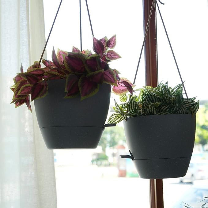 10 Inch Self Watering Hanging Pots, 2 Pack Hanging Planters with 40oZ Deep Reservior for Indoor Outdoor Plants Flowers, Grey