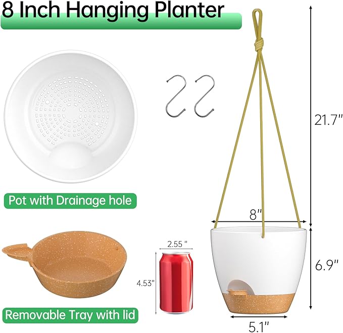 ZMTECH 8 Inch Hanging Planters for Indoor Outdoor Plants, 2 Pack Self Watering Hanging Plant Pots with Drainage Holes and Removable Saucer, Plastic Flower Hanging Pots with Watering Lip (White)