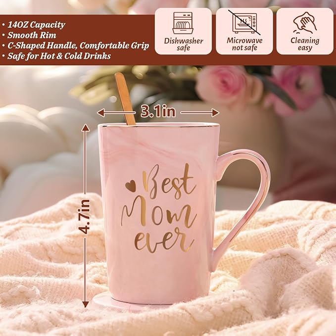 YHRJWN Birthday Gifts for Mom, Best Mom Ever Coffee Mug, Mom Mothers Day Gifts from Daughter Son, Moms Gift Idea for Birthday, Valentines Day, Present for Moms Mothers, 14 Oz Pink