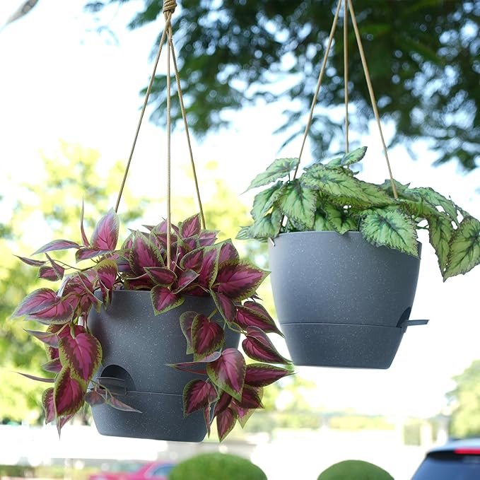 10 Inch Self Watering Hanging Pots, 2 Pack Hanging Planters with 40oZ Deep Reservior for Indoor Outdoor Plants Flowers, Grey