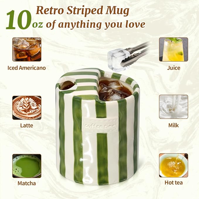 10 oz Ceramic Coffee Mug with Sip Hole & Silicone Sleeve, Green | Cute Hand-Painted Striped Porcelain, Gift for Coffee Lover, Cold & Hot Drinks, Microwave & Dishwasher Safe