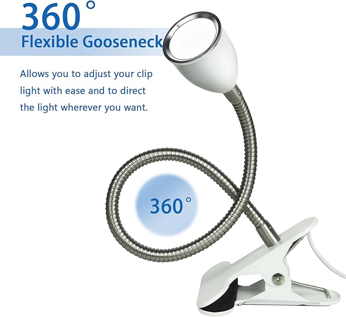 Desk lamp Eye-Caring Table Lamps, 360°Rotation Gooseneck Clip on Lamp Reading Light, Portable Reading Book Light, Clamp Light, Study Desk Lamps for Bedroom and Office Home Lighting (White-C01)