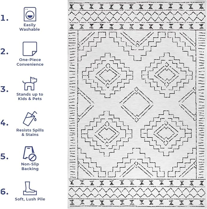nuLOOM Noa Machine Washable Tribal Moroccan Accent Rug, 3' x 5', Ivory, Rectangular, 0.1" Thick
