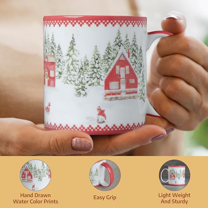 Maison d' Hermine Coffee Mug with Handles Tea Cups (12 Ounce, Pack of 2) | Fine Bone China Coffee Mugs for Hot Beverages Cappuccino Latte Home Restaurant Hotel Spring Summer -Rural Christmas