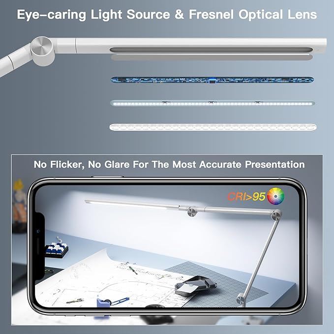 LED Desk Lamp, Desk Light for Home Office, Dual Light Source, Eye-Caring Optical Lens, 5 Color Modes & Brightness, Office Lamp, Clamp Lamp with Timer/Memory Function, 18W Nail Light