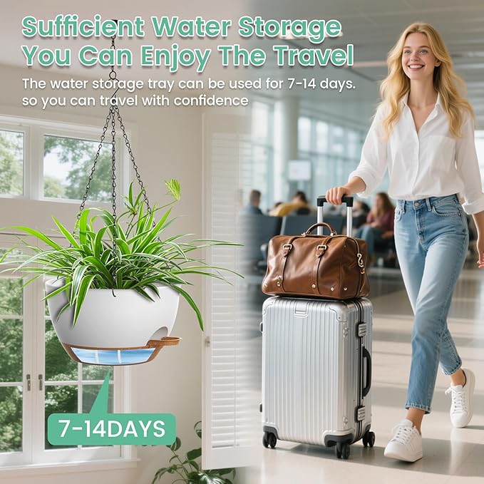 Set of 3-10 Inch Self Watering Hanging Planters for Indoor Outdoor,Hanging Plant Pots with Drainage & Removable Tray, Hanging Pots Holder for Pothos Plant, Ferns, Balcony & Patio,White with Brown