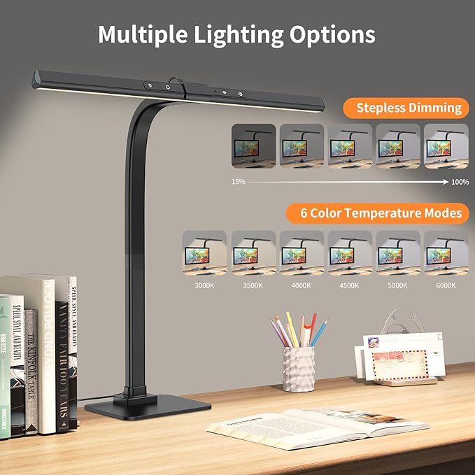 KableRika 12W LED Desk Lamp, Modern Architect Task Lamp with 6 Color Modes, Auto-Dimming, Eye-Care for Home Office, 18.1Inch Wide, 1.5m Cable, Aluminum Alloy, Black