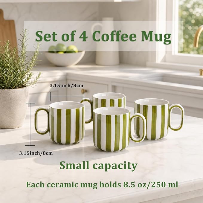Ceramic Coffee Mugs Set of 4, 8.5 oz Stoneware Coffee Cups with Handle | Small Aesthetic Green Stripe Latte Tea Mug for Latte Tea Hot Chocolate, Microwave and Dishwasher Safe (8.5 oz)