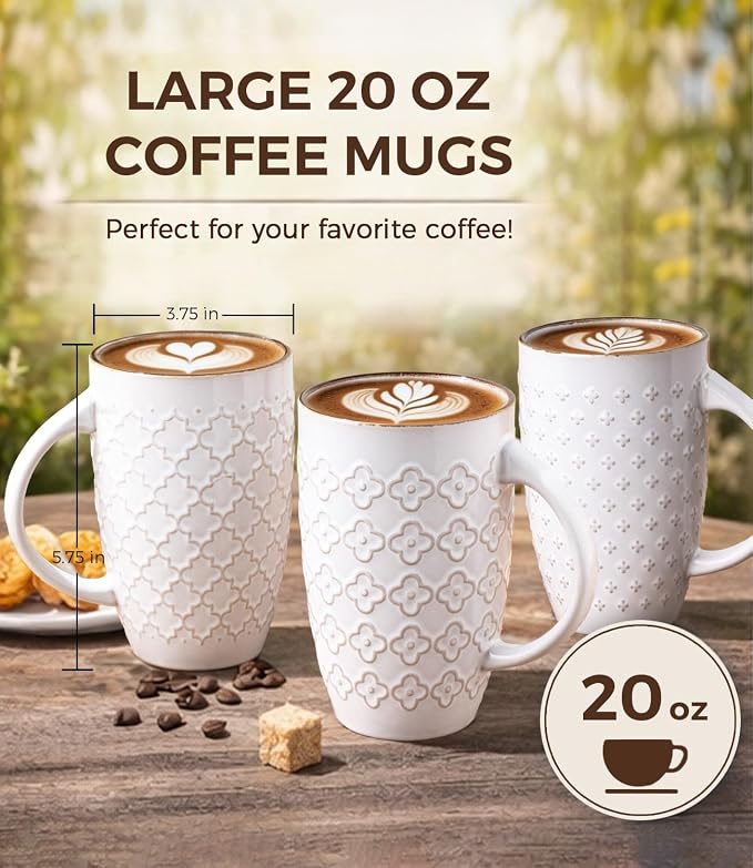 AmorArc Large Coffee Mugs Set of 6, 20oz Tall Coffee Mugs Set | with Texture Patterns for Cappuccino, Latte,Hot Cocoa, Dishwasher & Microwave Safe-Off White